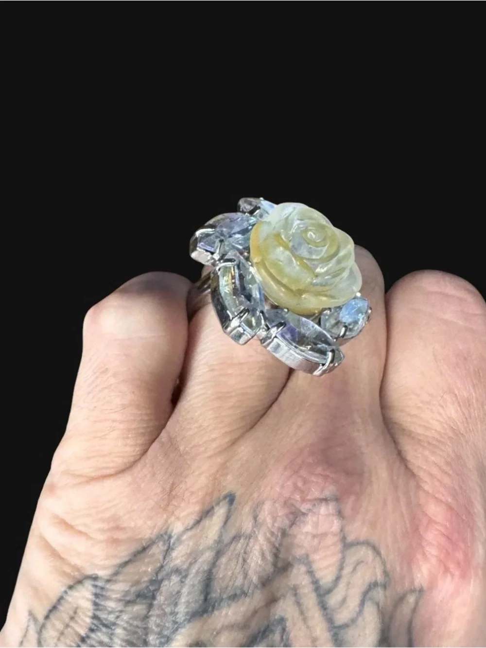 Yellow Rose sparkle Statement Ring - Women Jewelry rhinestones silver tone